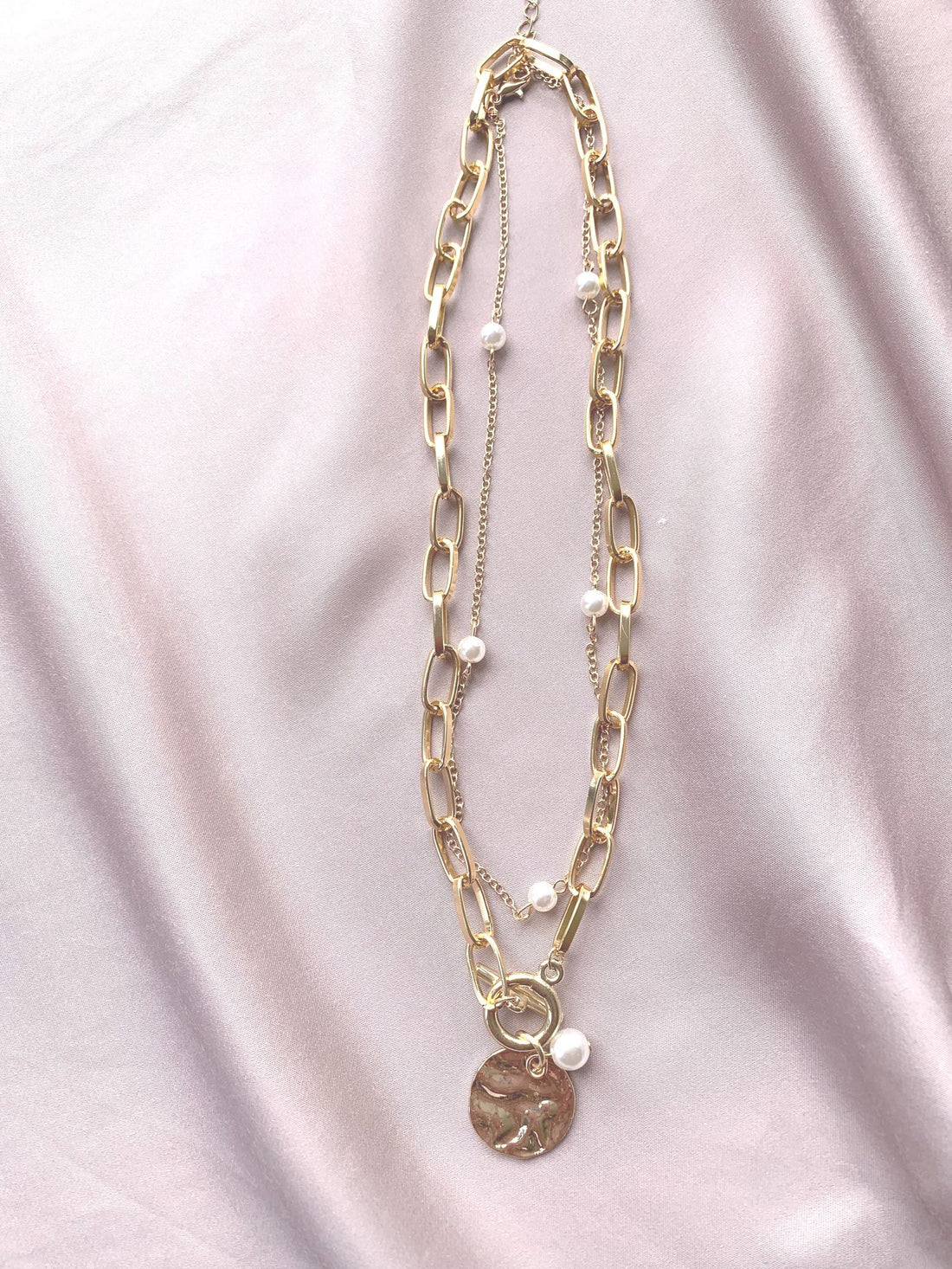 Extravaganza layered paperclip chain necklace in gold with pearls