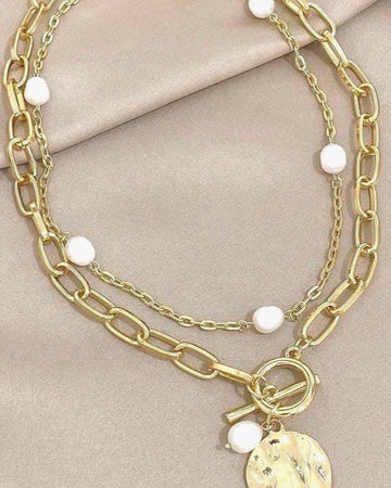 Extravaganza layered paperclip chain necklace in gold with pearls